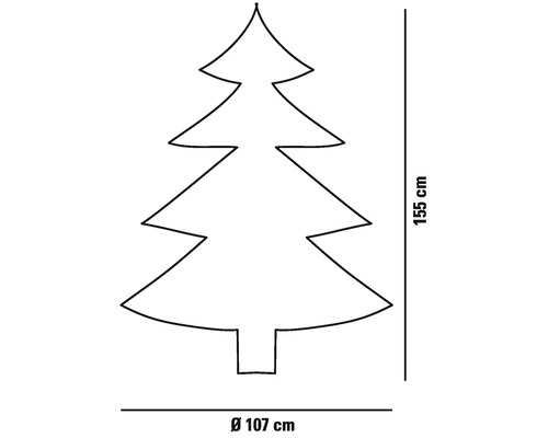 Silhouette de sapin de Noël avec des dimensions de 155 cm de hauteur et 107 cm de diamètre