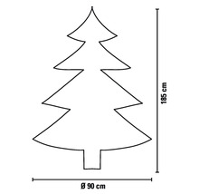 Umriss eines Weihnachtsbaums mit Maßangaben: 185 cm hoch, 90 cm Durchmesser