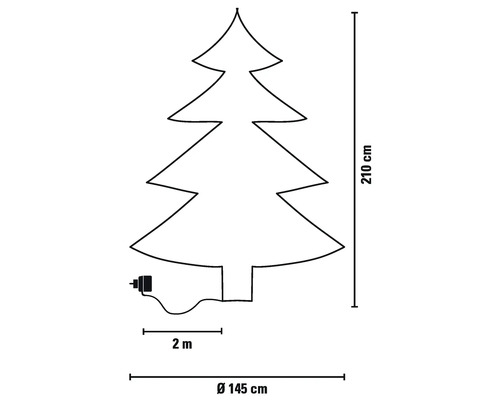 Skizze eines Weihnachtsbaumes mit den Maßen 210 cm Höhe, 145 cm Durchmesser und 2 m Zuleitung
