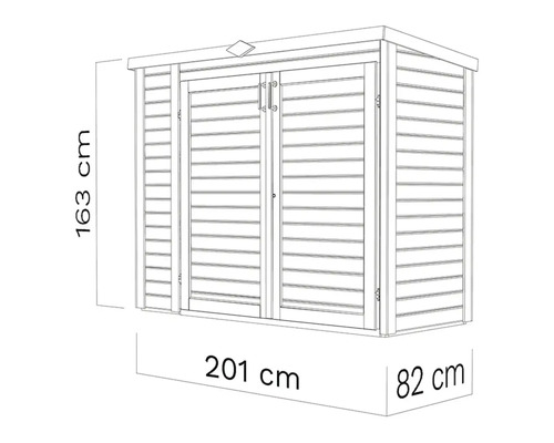 Technische Zeichnung eines Gerätehauses mit den Maßen 163 cm Höhe, 201 cm Breite und 82 cm Tiefe.