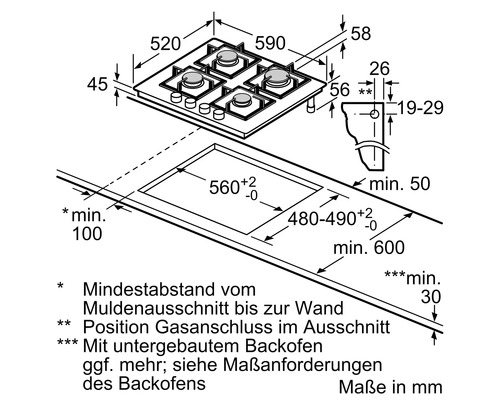 Einbau Gaskochfeld mit Massangaben