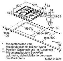 Maße des Gaskochfelds mit vier Kochstellen