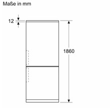 Maßzeichnung eines Kühlschranks mit einer Höhe von 1860 Millimeter und einer Tiefe von 12 Millimeter