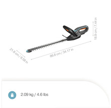 Taille-haie sans fil Gardena d'une longueur de 86,8 cm et d'un poids de 2,09 kg.