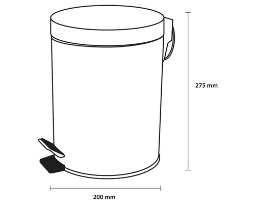 Image d'une poubelle à pédale mesurant 275 mm de haut et 200 mm de large.