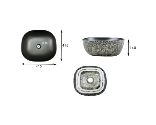 Drei Ansichten eines Aufsatzwaschbeckens mit Maßangaben.