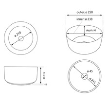 Schéma technique d'un lavabo à poser avec dimensions