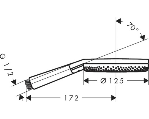 Technische Zeichnung eines Duschkopfes mit Maßangaben