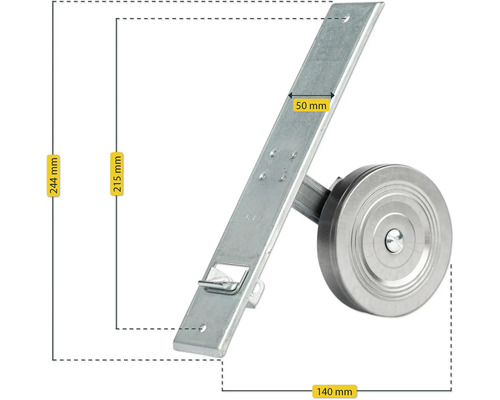 Leiterrolle mit Halterung und den Maßen 244 mm, 50 mm, 215 mm und 140 mm