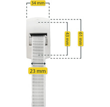 Indications de dimension pour sangle avec fermeture : 23 mm, 34 mm, 43 mm, 61 mm