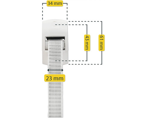Indications de dimension pour sangle avec fermeture : 23 mm, 34 mm, 43 mm, 61 mm