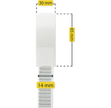 Image d'une bande de rideau blanche mesurant 30 mm de large, 85 mm de long et 14 mm de haut