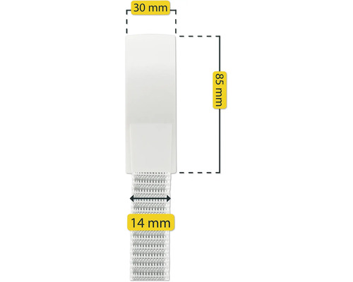 Image d'une bande de rideau blanche mesurant 30 mm de large, 85 mm de long et 14 mm de haut