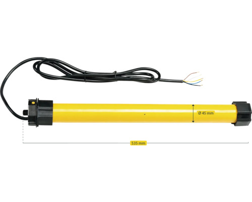 Gelber Rollladenmotor mit einem Durchmesser von 45 Millimetern und einer Länge von 535 Millimetern