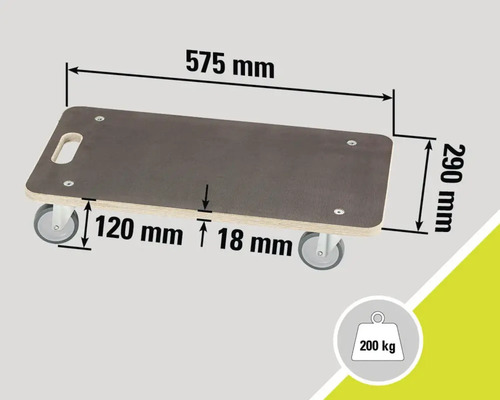 Chariot à roulettes pour meubles, dimensions 575 mm de long, 290 mm de large et 120 mm de haut, capacité de charge 200 kg