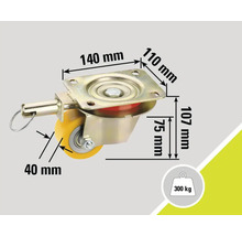 Rolle mit Feststeller und Maßangaben: 140 mm, 110 mm, 107 mm und 40 mm. Maximale Belastung: 300 kg.