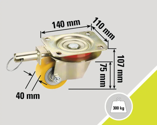 Rolle mit Feststeller und Maßangaben: 140 mm, 110 mm, 107 mm und 40 mm. Maximale Belastung: 300 kg.