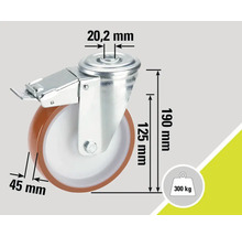 Roue pivotante avec frein et dimensions hauteur 190 mm, diamètre de roue 125 mm, largeur de roue 45 mm, diamètre du boulon 20,2 mm et capacité de charge 300 kg