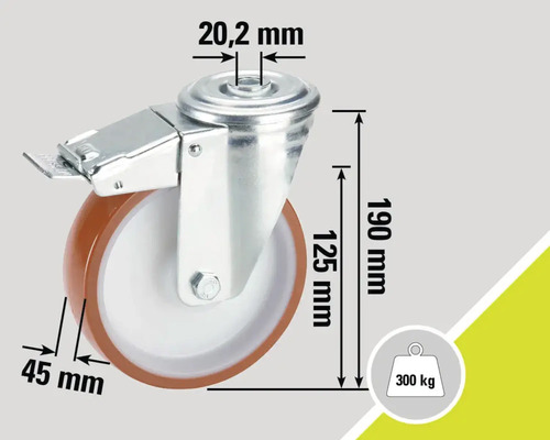 Roue pivotante avec frein et dimensions hauteur 190 mm, diamètre de roue 125 mm, largeur de roue 45 mm, diamètre du boulon 20,2 mm et capacité de charge 300 kg