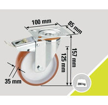 Roue pivotante avec frein et dimensions 100 mm x 85 mm, 157 mm de haut, diamètre de la roue 125 mm, largeur de la roue 35 mm, capacité de charge 200 kg