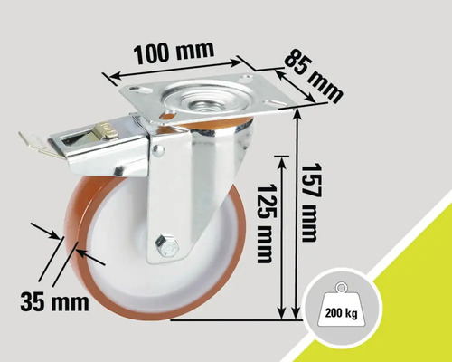 Roue pivotante avec frein et dimensions 100 mm x 85 mm, 157 mm de haut, diamètre de la roue 125 mm, largeur de la roue 35 mm, capacité de charge 200 kg