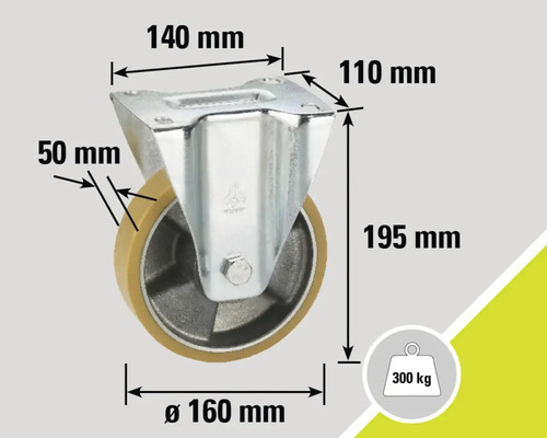 Lenkrolle mit den Maßen 140 mm x 110 mm, Raddurchmesser 160 mm, Radbreite 50 mm, Bauhöhe 195 mm und Traglast 300 kg