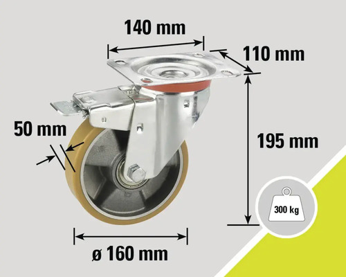 Lenkrolle mit Feststeller und den Maßangaben 140 mm, 110 mm, 195 mm, 50 mm und Durchmesser 160 mm, Belastbarkeit bis 300 kg