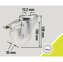 Produit à roulettes avec frein et indications de dimensions