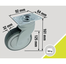 Rolle mit Platte und den Maßangaben 92 mm, 64 mm, 161 mm, 125 mm und 32 mm, Traglast bis 100 kg