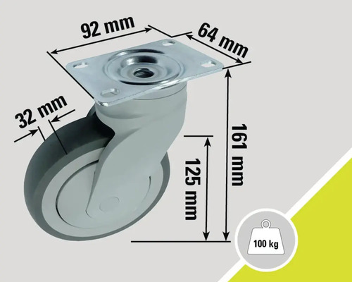 Rolle mit Platte und den Maßangaben 92 mm, 64 mm, 161 mm, 125 mm und 32 mm, Traglast bis 100 kg