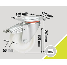 Galet pivotant avec frein et indications de taille 140 mm, 110 mm, 240 mm, 200 mm, 50 mm et une capacité de charge maximale de 300 kilogrammes.