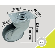 Lenkrolle mit den Maßen 92 mm x 64 mm, 137 mm Höhe, 100 mm Raddurchmesser und einer Traglast von 80 Kilogramm