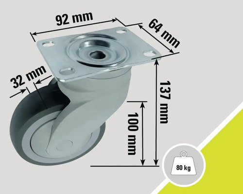 Lenkrolle mit den Maßen 92 mm x 64 mm, 137 mm Höhe, 100 mm Raddurchmesser und einer Traglast von 80 Kilogramm