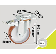Roue pivotante avec frein, dimensions 140 x 110 x 240 mm, capacité de charge 300 kg