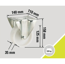 Support de roulette avec roue et dimensions : 140 mm, 110 mm, 158 mm, 125 mm, 35 mm, capacité de charge 220 kg
