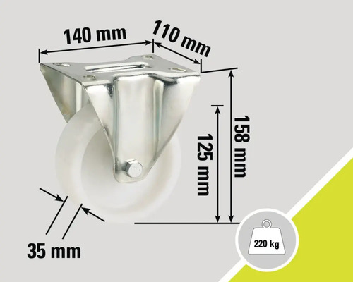 Support de roulette avec roue et dimensions : 140 mm, 110 mm, 158 mm, 125 mm, 35 mm, capacité de charge 220 kg