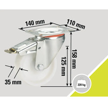 Roue pivotante avec frein, dimensions 140x110x158 mm, diamètre de la roue 125 mm, largeur de la roue 35 mm, capacité de charge 220 kg