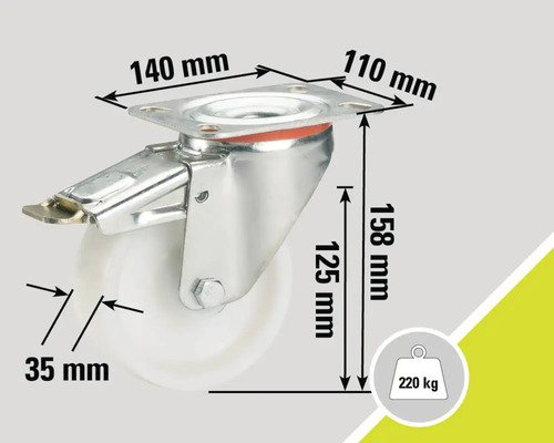Roue pivotante avec frein, dimensions 140x110x158 mm, diamètre de la roue 125 mm, largeur de la roue 35 mm, capacité de charge 220 kg