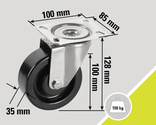 Roue pivotante avec des dimensions de 100 x 85 x 128 mm et une capacité de charge de 150 kg.