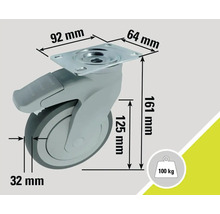 Rolle mit Bremse und Maßangaben: 92 mm, 64 mm, 161 mm, 125 mm, 32 mm, maximale Belastung 100 kg