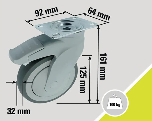 Rolle mit Bremse und Maßangaben: 92 mm, 64 mm, 161 mm, 125 mm, 32 mm, maximale Belastung 100 kg