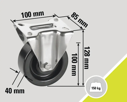 Roue pivotante avec une capacité de charge de 150 kilogrammes et des dimensions de 100 x 85 x 128 millimètres.