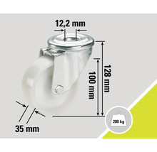 Roue pivotante avec les dimensions 12,2 mm, 35 mm, 100 mm et 128 mm, capacité de charge 200 kg