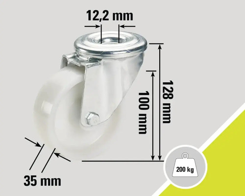 Roue pivotante avec les dimensions 12,2 mm, 35 mm, 100 mm et 128 mm, capacité de charge 200 kg