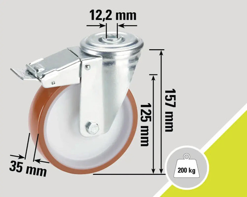 Lenkrolle mit Feststeller und den Maßen 157 mm Höhe, 125 mm Raddurchmesser und 12,2 mm Bolzendurchmesser, Traglast 200 Kilogramm