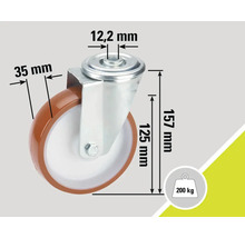 Roue pivotante avec les dimensions 12,2 mm, 35 mm, 125 mm et 157 mm, capacité de charge jusqu'à 200 kg