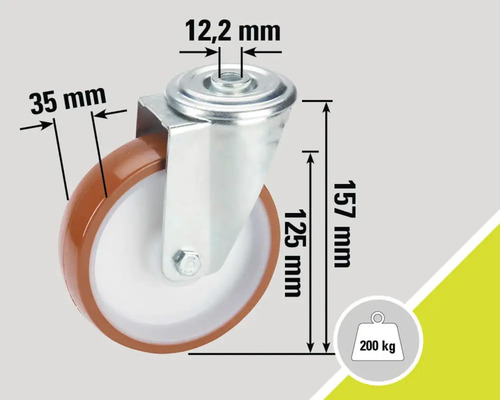 Roue pivotante avec les dimensions 12,2 mm, 35 mm, 125 mm et 157 mm, capacité de charge jusqu'à 200 kg