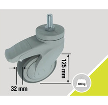 Lenkrolle mit Feststeller, Bolzenbefestigung, Raddurchmesser 125 mm, Radbreite 32 mm, Tragkraft 100 kg