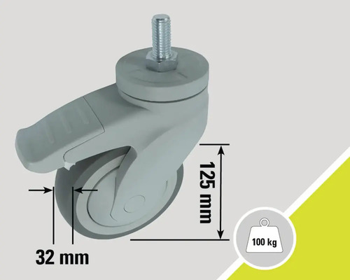 Lenkrolle mit Feststeller, Bolzenbefestigung, Raddurchmesser 125 mm, Radbreite 32 mm, Tragkraft 100 kg