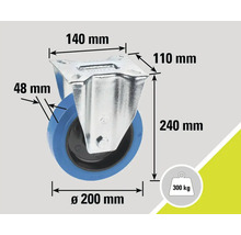 Roue avec des dimensions de 140 mm x 110 mm, diamètre de 200 mm, hauteur de 240 mm et capacité de charge de 300 kg
